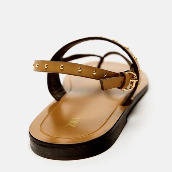 Zara Studded Brown Nude Leather Minimalist Flat Sandals Shoes Size 10 - Picture 7 of 10